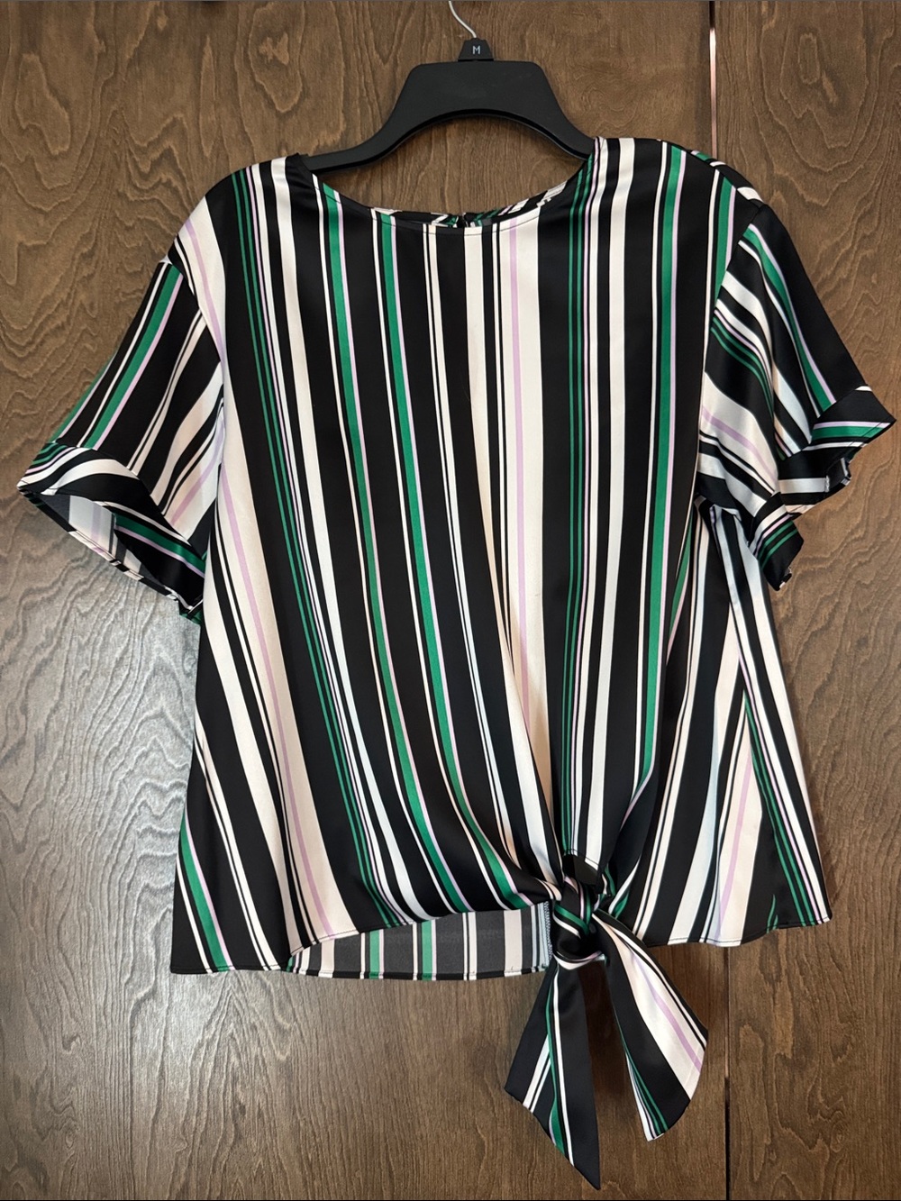 Worthington Black, White, Purple & Green Striped Tie-Front Short Sleeve Blouse